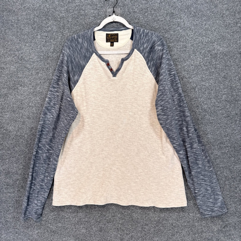 Lucky Brand Henley Shirt Mens XL Beige Blue Raglan Space Dye Long Sleeve Casual
